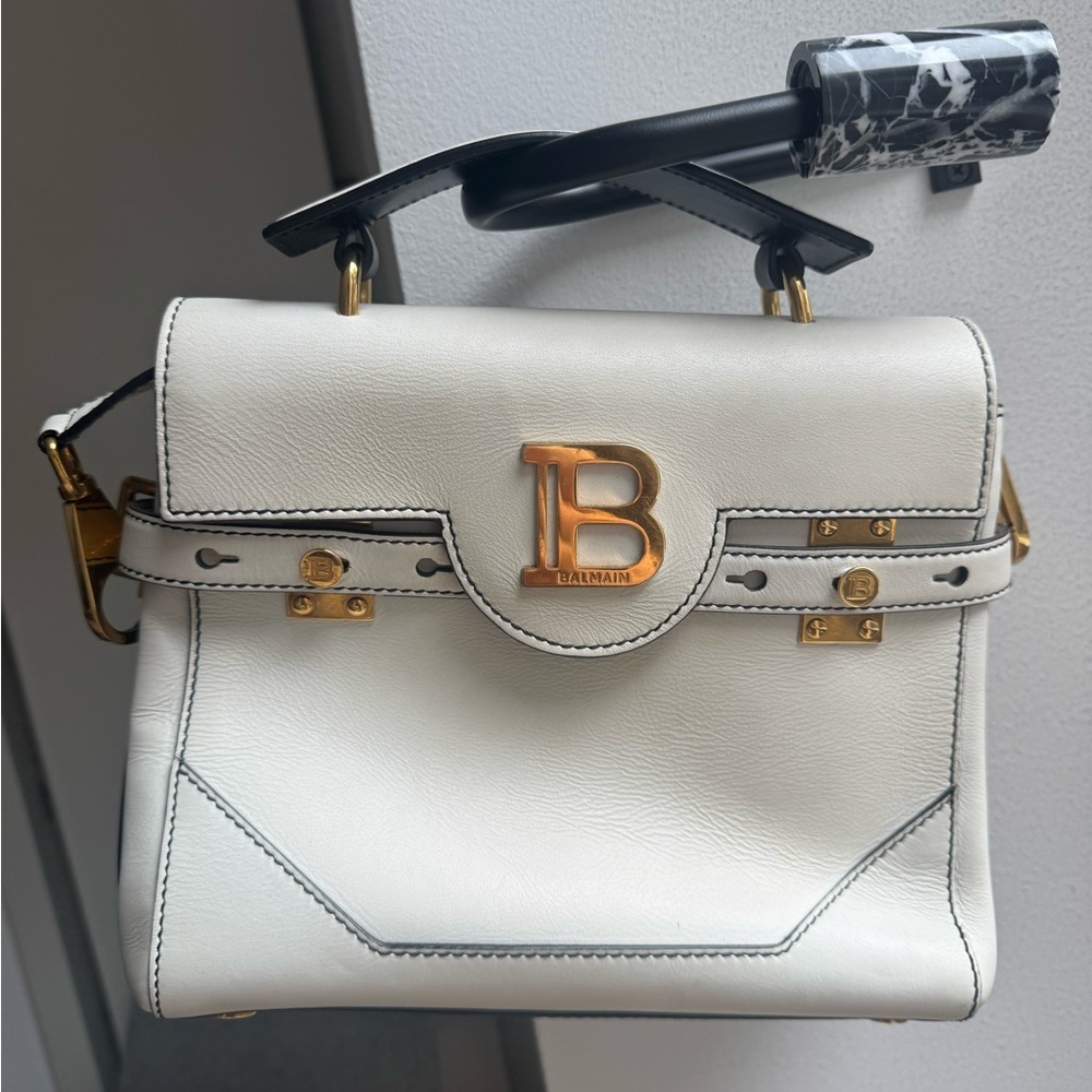 Balmain White Leather Satchel with Gold Accents